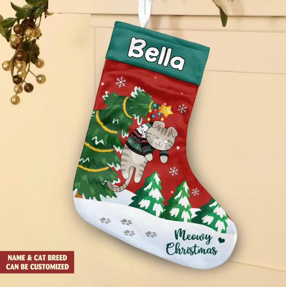 Meowy Christmas - Personalized Stocking, Christmas Present, Christmas Gift For Cat Lovers, Funny Cat Gift - SCS16