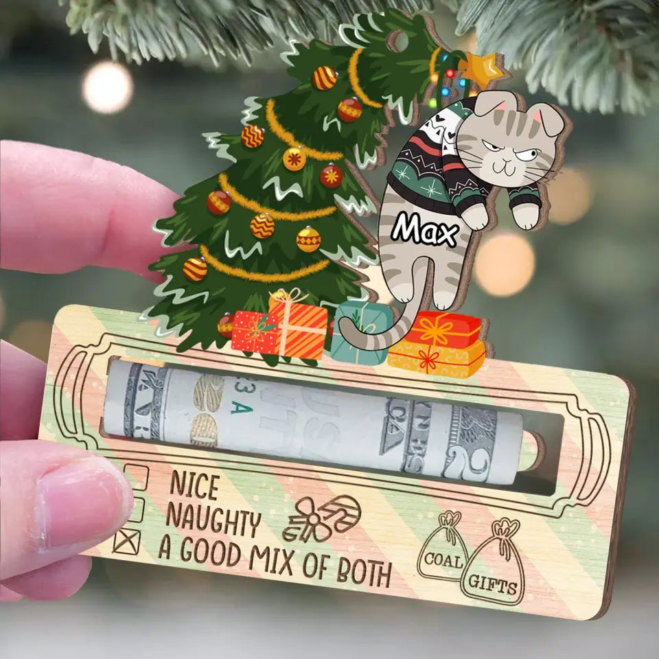 Cute Cat Christmas Tree On The Nice List - Personalized Wooden Ornament, Money Holder Ornament, Christmas Present - ORN271