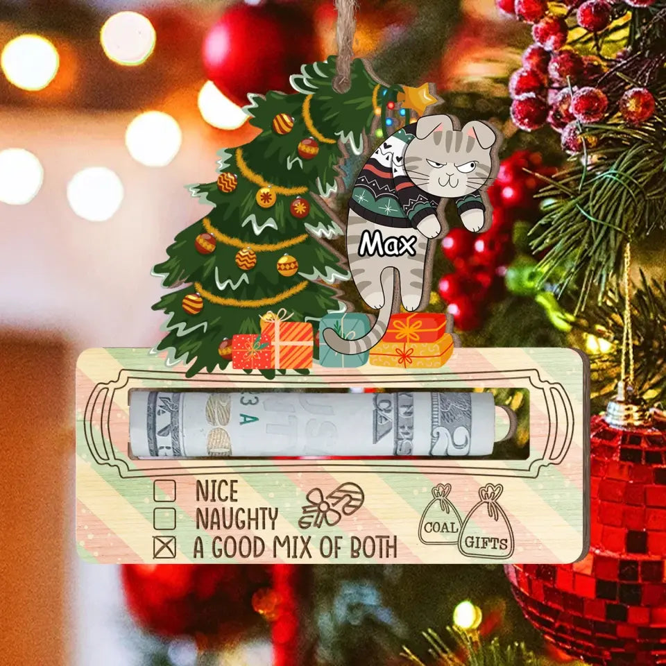 Cute Cat Christmas Tree On The Nice List - Personalized Wooden Ornament, Money Holder Ornament, Christmas Present - ORN271