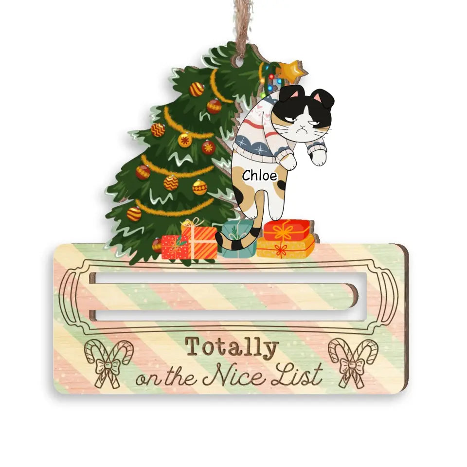 Cute Cat Christmas Tree On The Nice List - Personalized Wooden Ornament, Money Holder Ornament, Christmas Present - ORN271