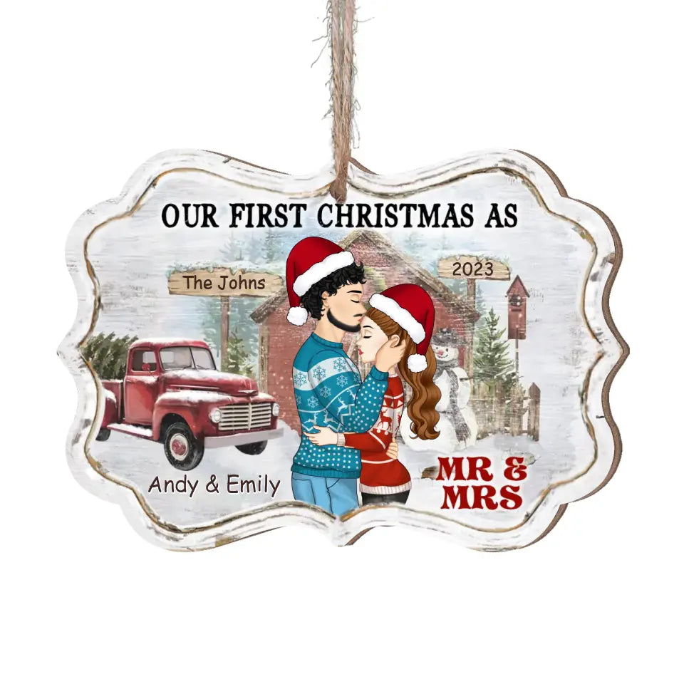 Our First Christmas As Mr &amp; Mrs - Personalized Wooden Ornament - ORN281