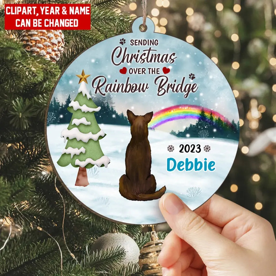 Sending Christmas Wishes Over The Rainbow Bridge - Personalized Wooden Ornament, Memorial Gift, Pet Loss Gift - ORN286