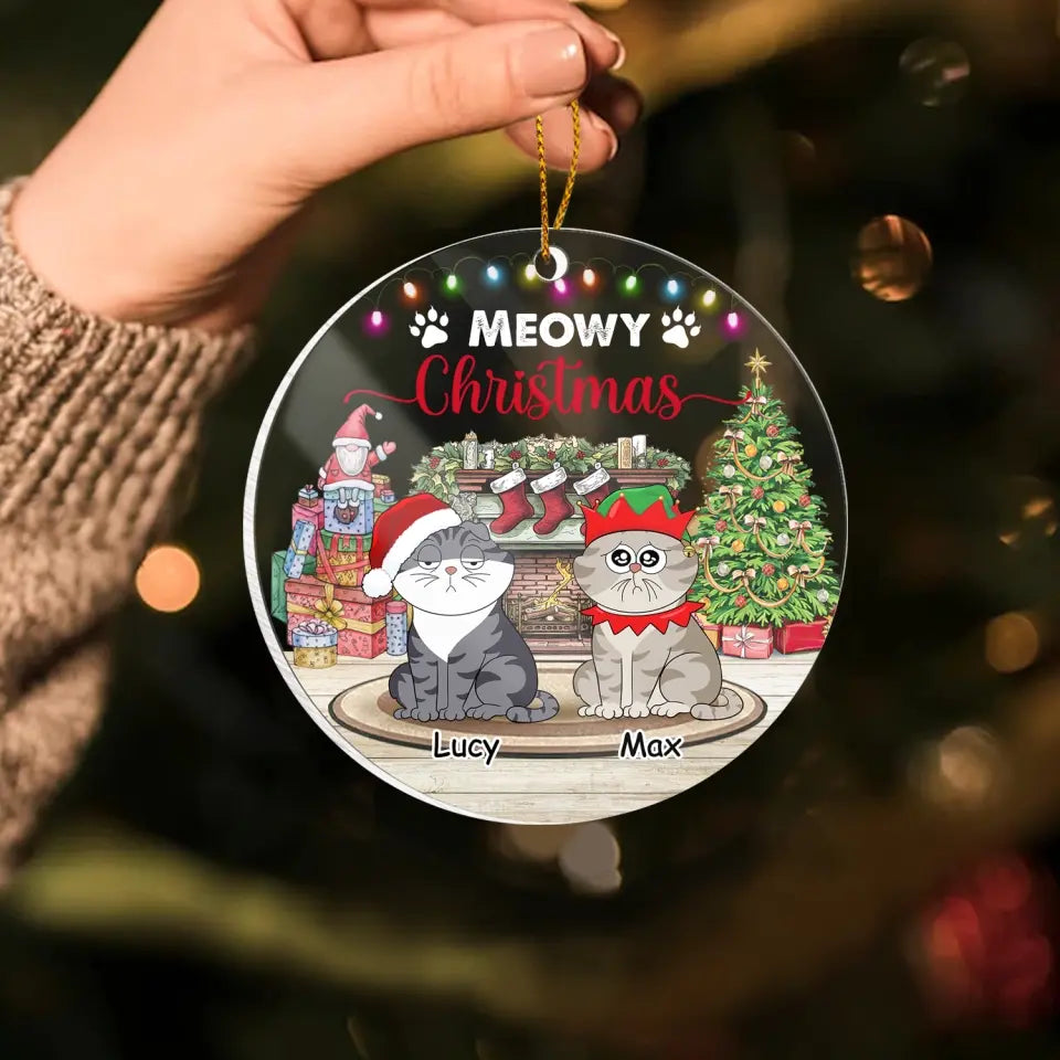 Cat Christmas, Meowy Christmas - Personalized Acrylic Ornament, Christmas Gift for Cat Lovers - ORN289