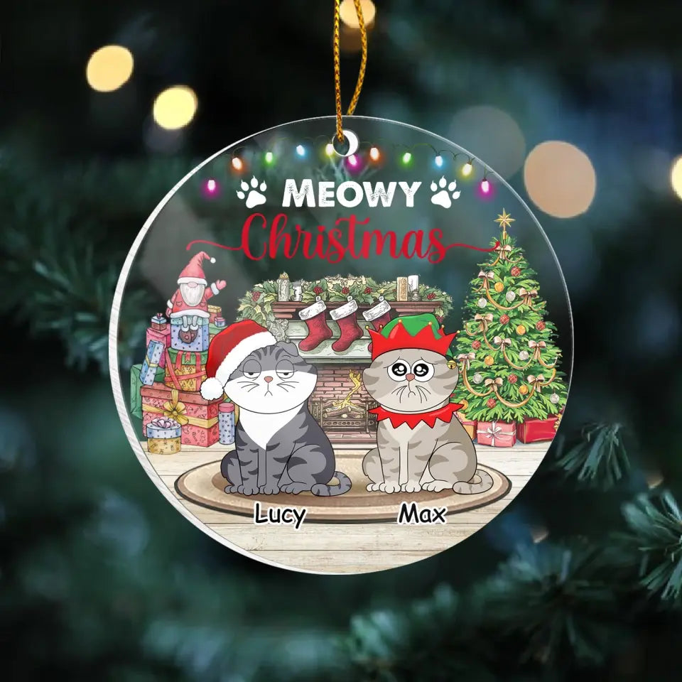Cat Christmas, Meowy Christmas - Personalized Acrylic Ornament, Christmas Gift for Cat Lovers - ORN289