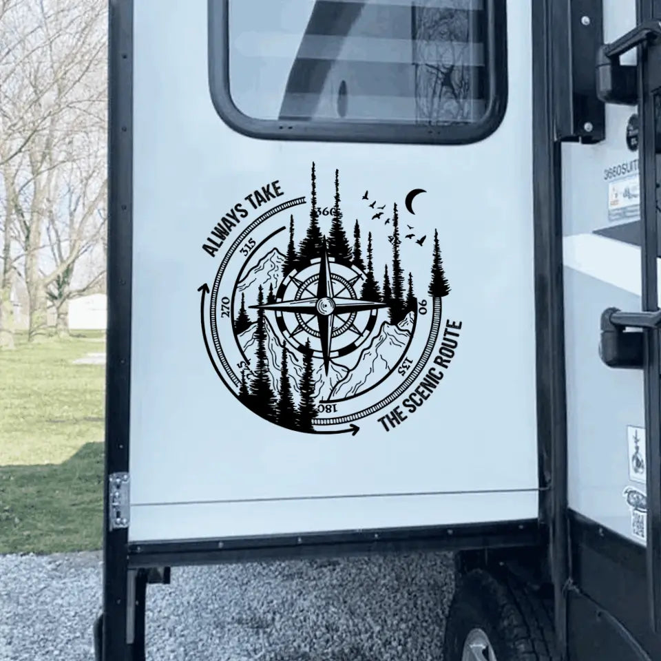 Always Take The Scenic Route - Personalized Camping Decal, Camping Travel Adventure Wild Compass