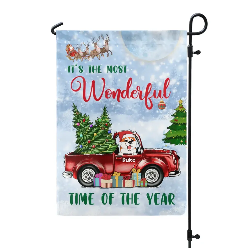 It's The Most Wonderful Time Of The Year - Personalized Garden Flag, Gift For Dog Lover, Christmas Gift, Dog Christmas Flag