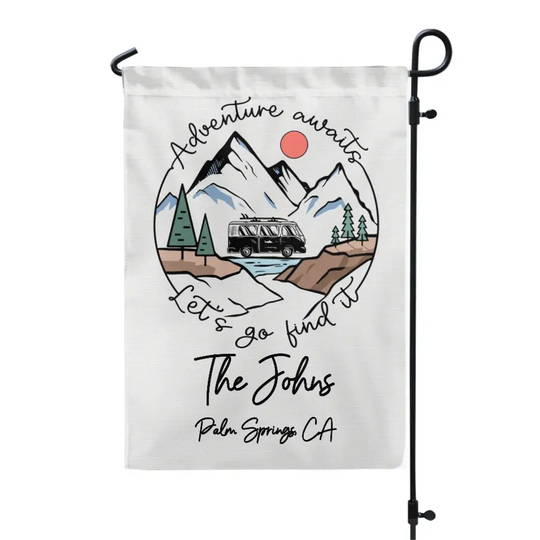 Adventure Awaits - Personalized Garden Flag, Gift For Camping Lovers