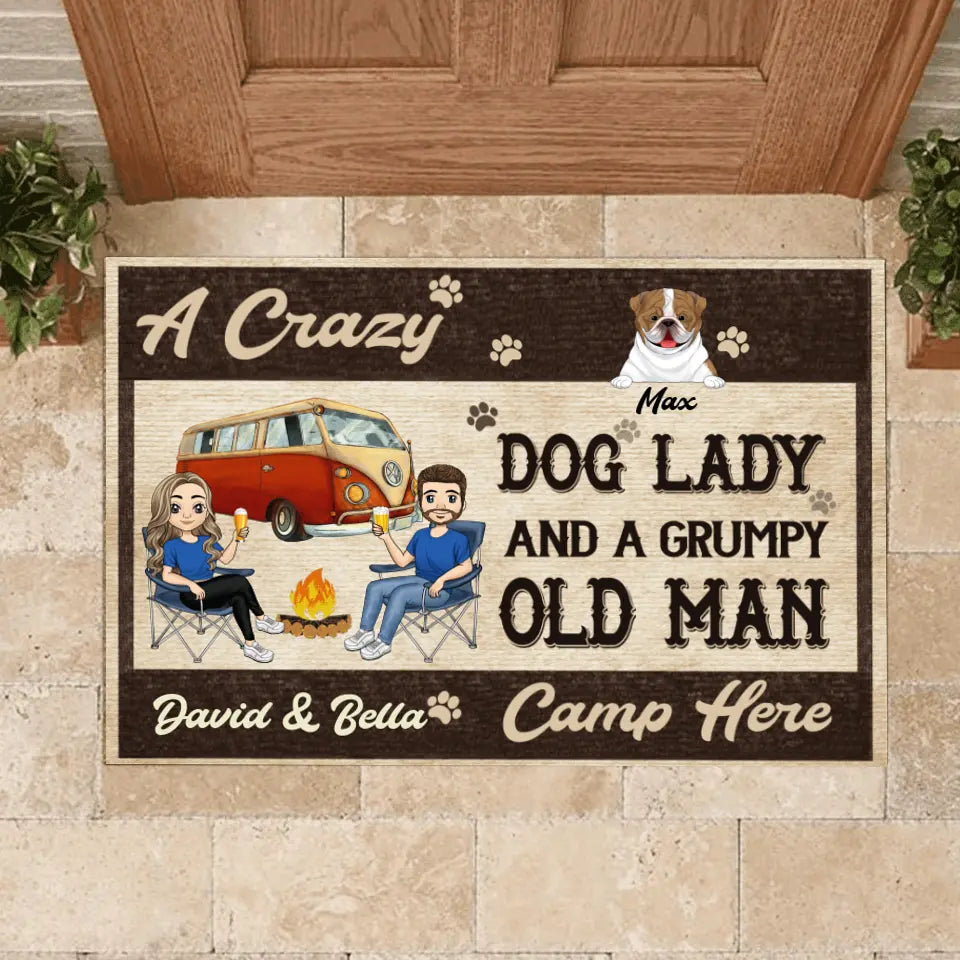 Crazy Dog Lady And Grumpy Old Man Camp Here - Personalized Custom Doormat