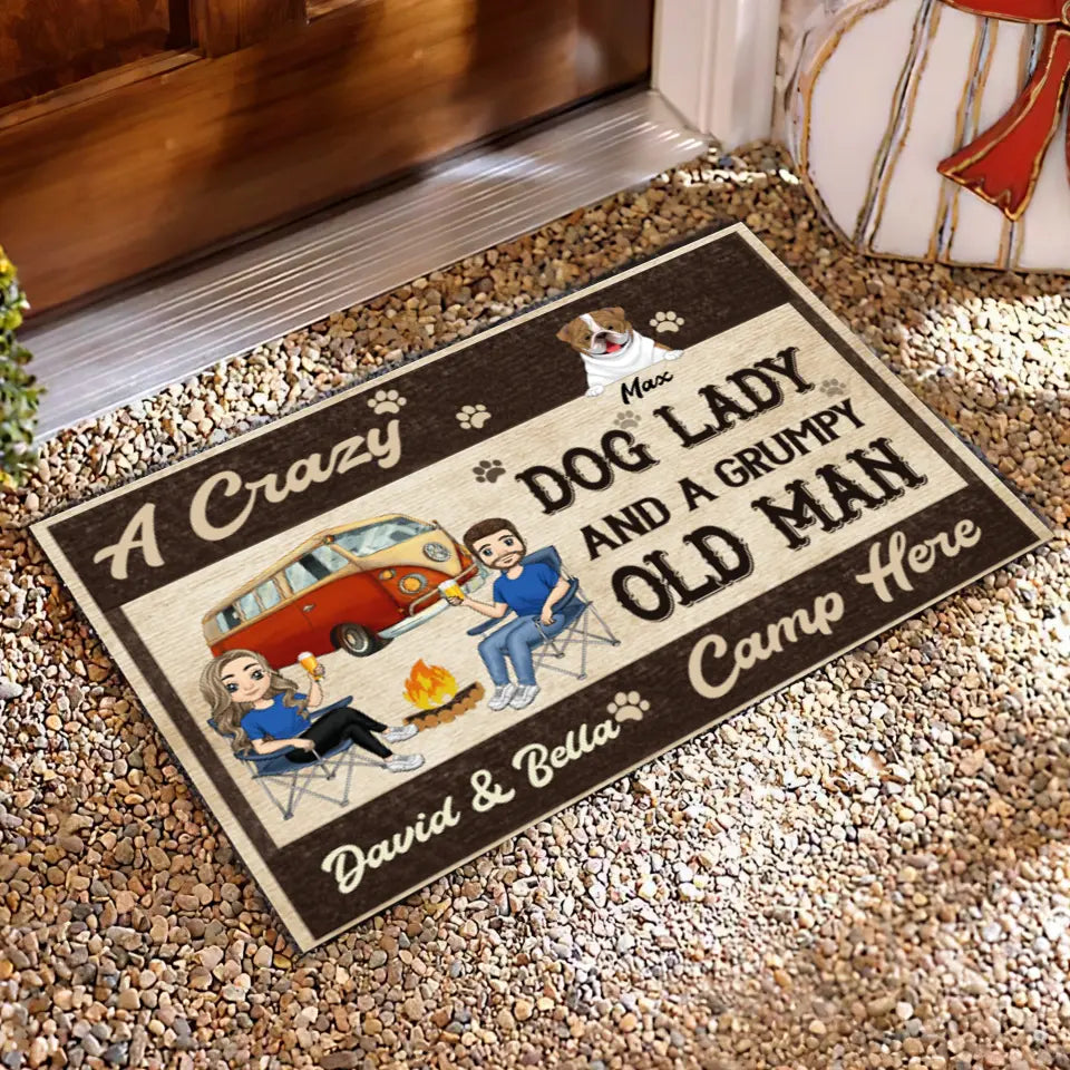 Crazy Dog Lady And Grumpy Old Man Camp Here - Personalized Custom Doormat