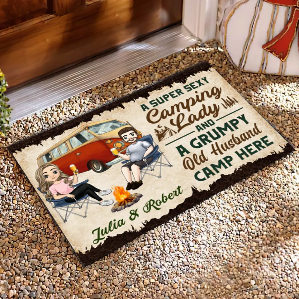 A Super Sexy Camping Lady & A Grumpy Old Husband Camp Here -Personalized Doormat