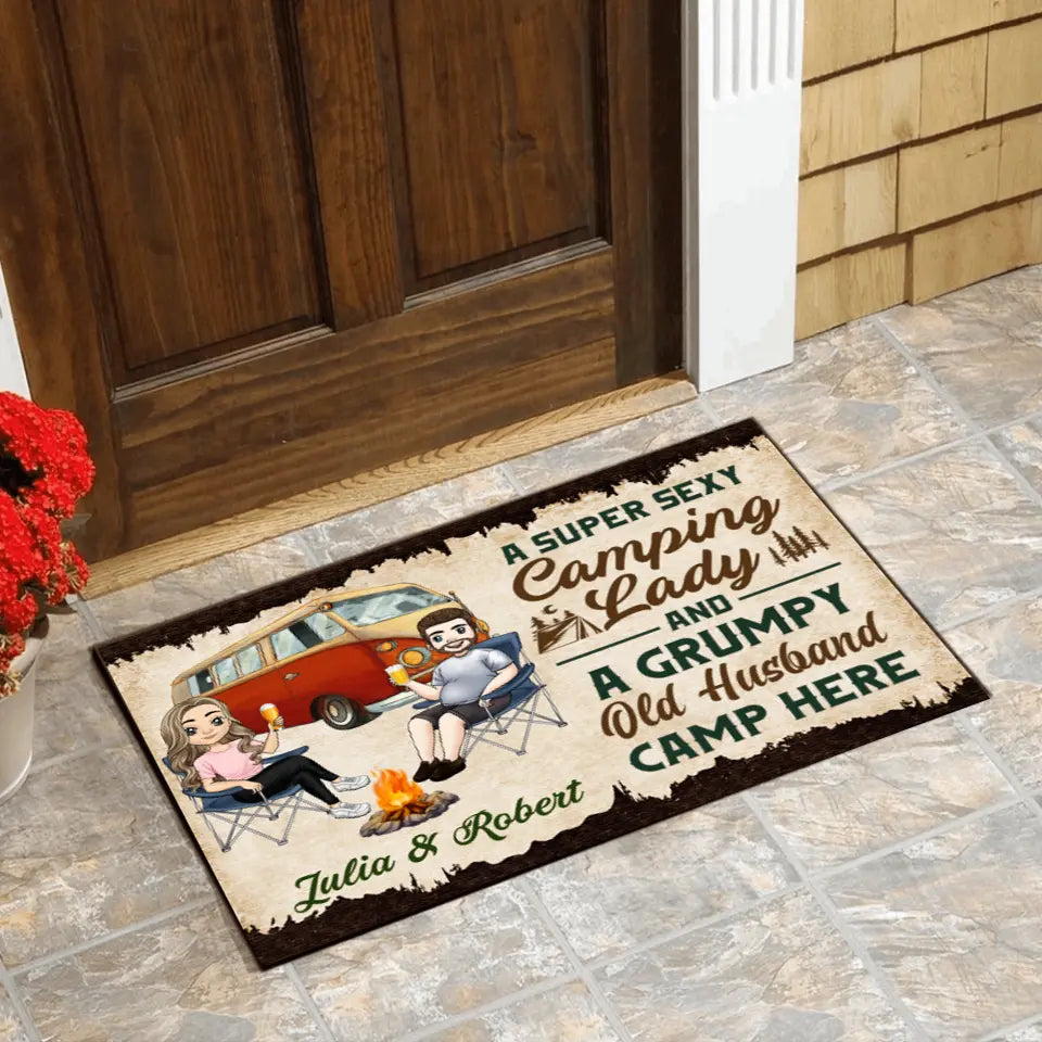 A Super Sexy Camping Lady & A Grumpy Old Husband Camp Here -Personalized Doormat