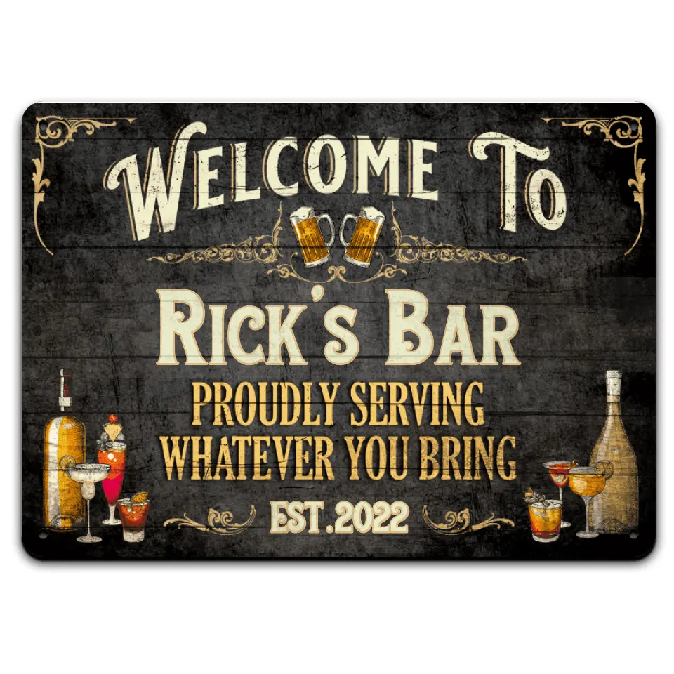 Bar Sign Vintage Black Wood - Personalized Custom Classic Metal Sign