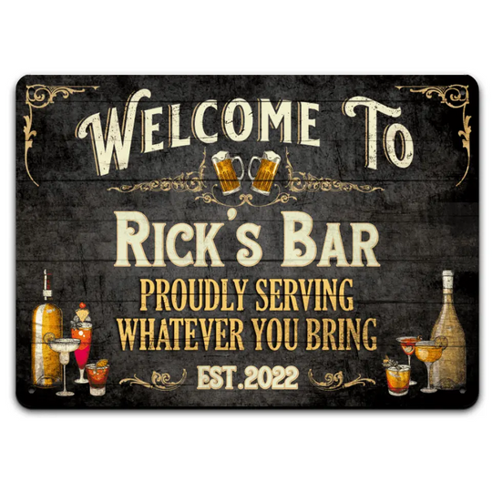 Bar Sign Vintage Black Wood - Personalized Custom Classic Metal Sign