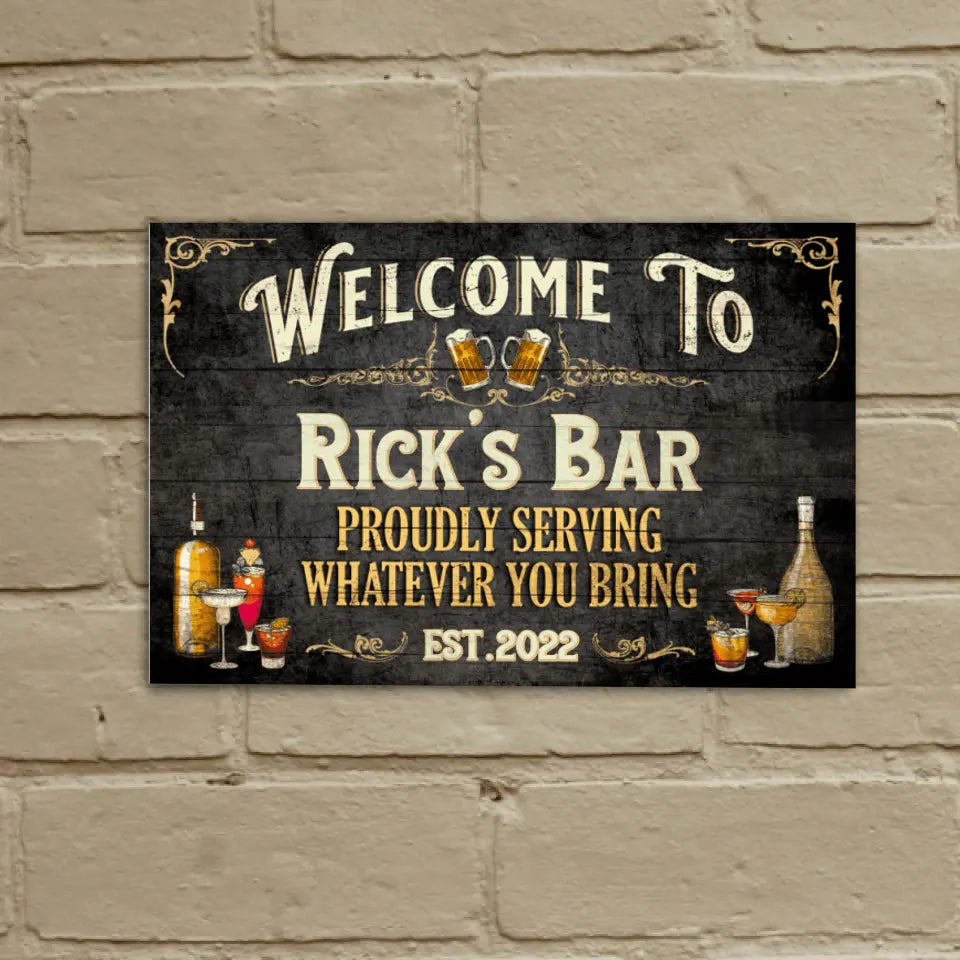Bar Sign Vintage Black Wood - Personalized Custom Classic Metal Sign