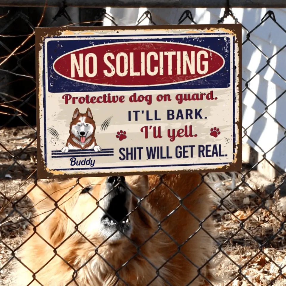 No Soliciting Protective Dogs On Guard - Personalized Metal Sign For Dog Lovers