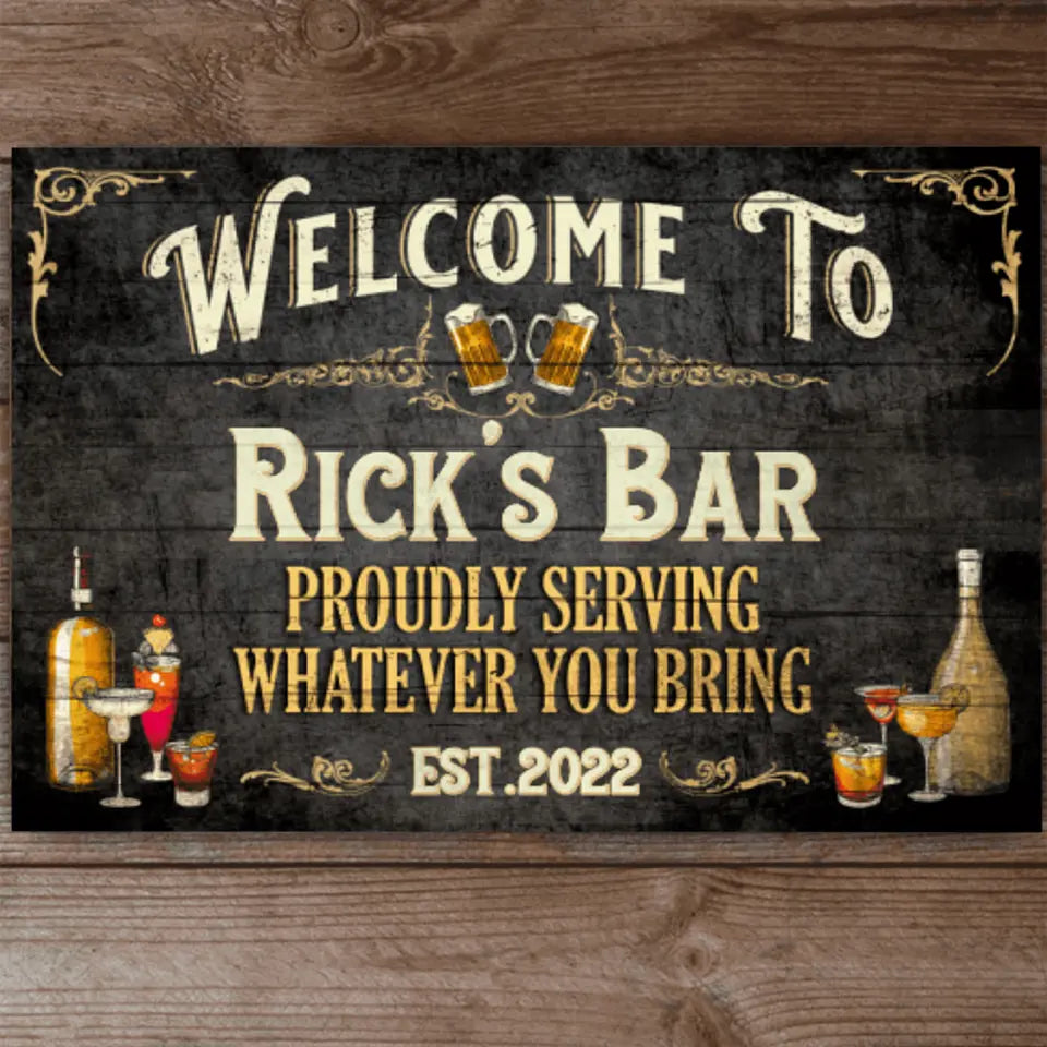 Bar Sign Vintage Black Wood - Personalized Custom Classic Metal Sign