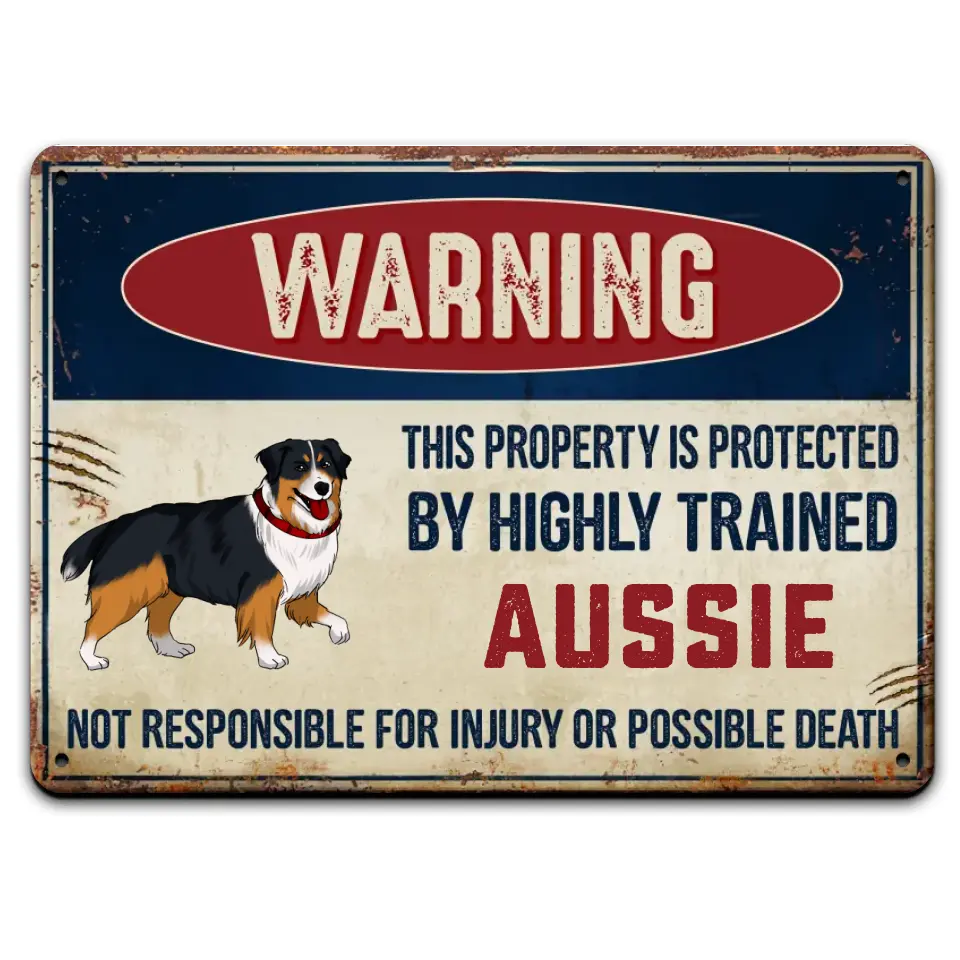 Warning This Property Is Protected By The Dog - Personalized Metal Sign, Funny Tin Sign For Dog Lover