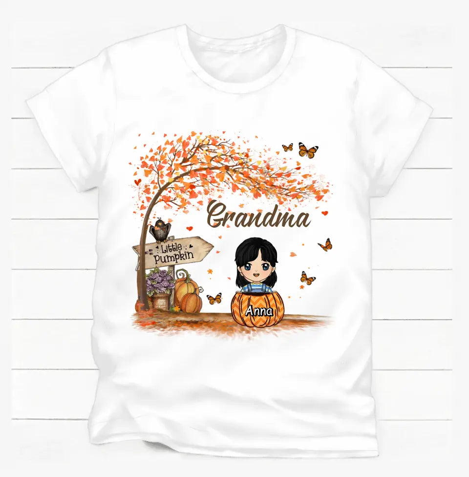 Grandma Little Pumpkin Autumn Halloween Shirt Custom Nana With Grandkids Names Halloween Shirt Gift For Grandma