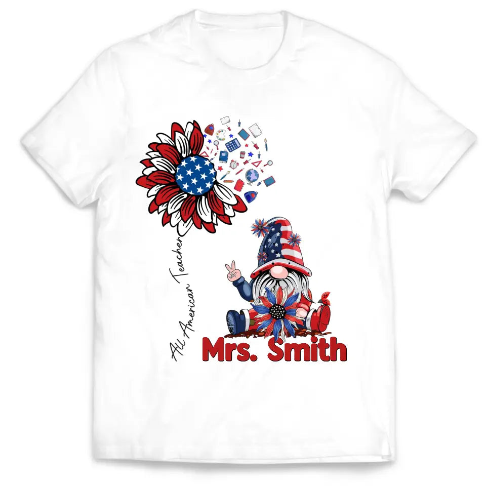 All American Teacher Patriotic Gnome Teacher - Personalized T-shirt, Independence Day Gift For Teachers, Fourth of July Gift