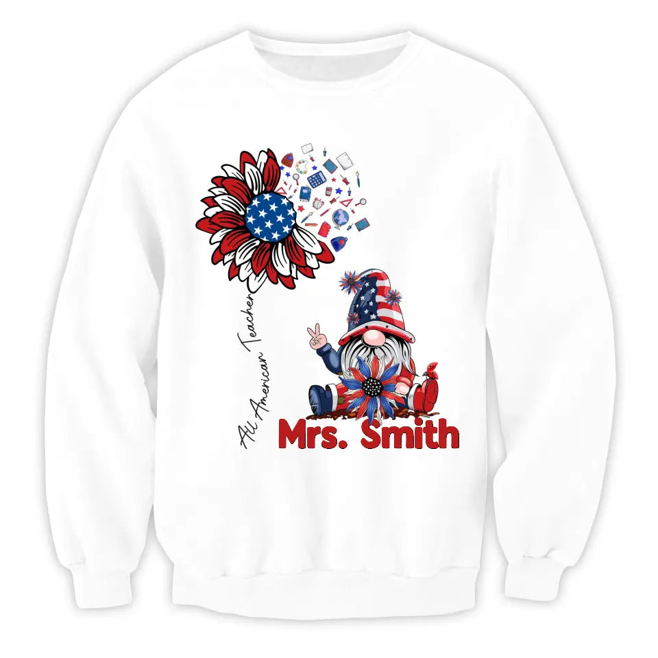 All American Teacher Patriotic Gnome Teacher - Personalized T-shirt, Independence Day Gift For Teachers, Fourth of July Gift