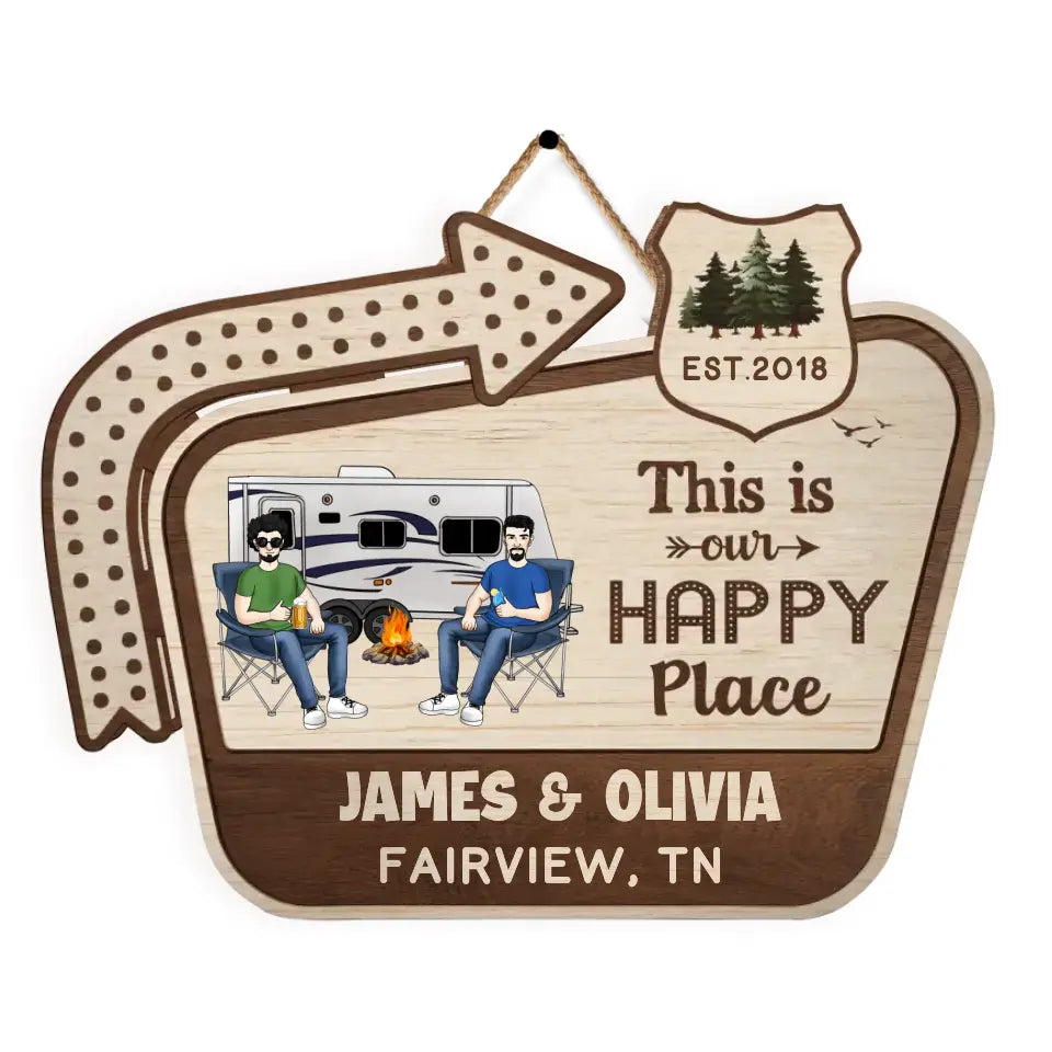 This Is Our Happy Place - Personalized Door Sign, Gift For Camper