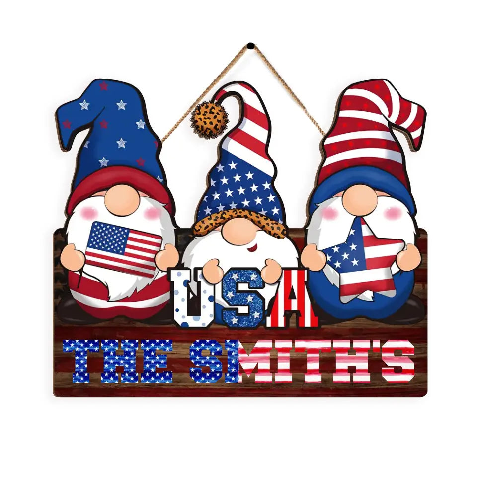 4th Of July Gnomes USA - Personalized Wood Sign, Independence Day Rustic Wooden Plaque With Rope