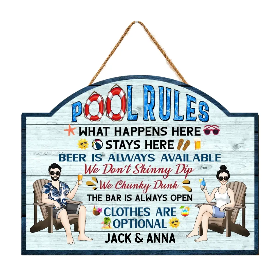 Pool Rules What Happens Here Stays Here - Personalized Wood Sign, Pool Sign