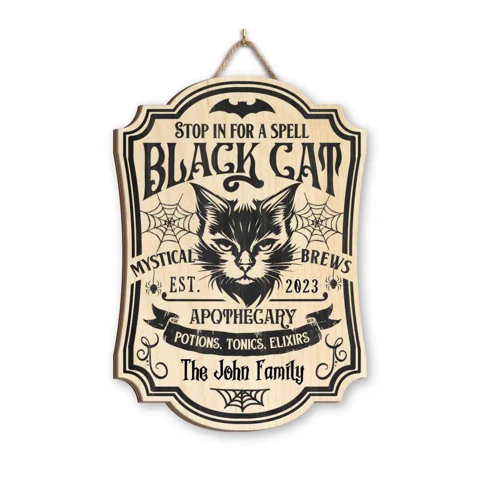 Black Cat Apothecary - Personalized Wood Sign, Halloween Gift