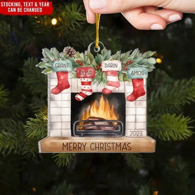 Stockings on Fireplace - Personalized Acrylic Ornament, Family Christmas Decoration - ORN314