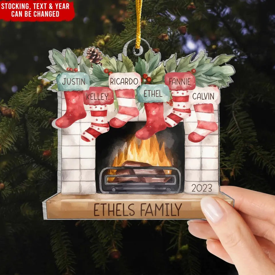 Stockings on Fireplace - Personalized Acrylic Ornament, Family Christmas Decoration - ORN314