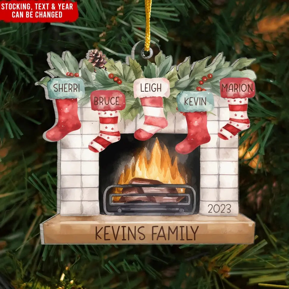Stockings on Fireplace - Personalized Acrylic Ornament, Family Christmas Decoration - ORN314