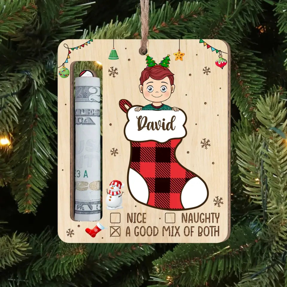 Funny Kid Stocking Christmas - Personalized Wooden Ornament, Money Holder Ornament For Christmas - ORN315