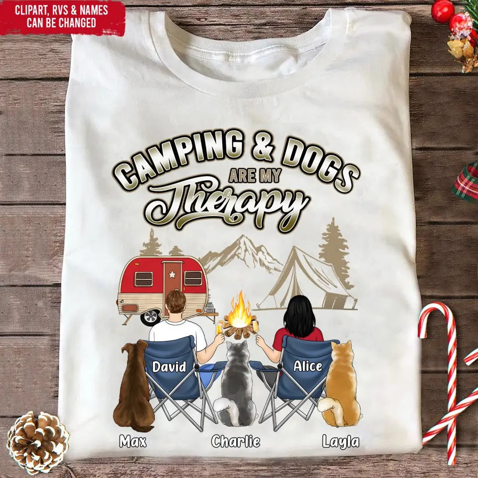 Camping, camping gift,camping,campsite,campgrounds,custom gift,personalized gifts,t-shirt, tee, personalized shirt,Camping shirt, camping shirts, hiking shirt, camper shirt, camper t-shirt, camping graphic tee,Camping & Dogs Are My Therapy - Personalized T-Shirt, T-Shirt For Camping Lover 