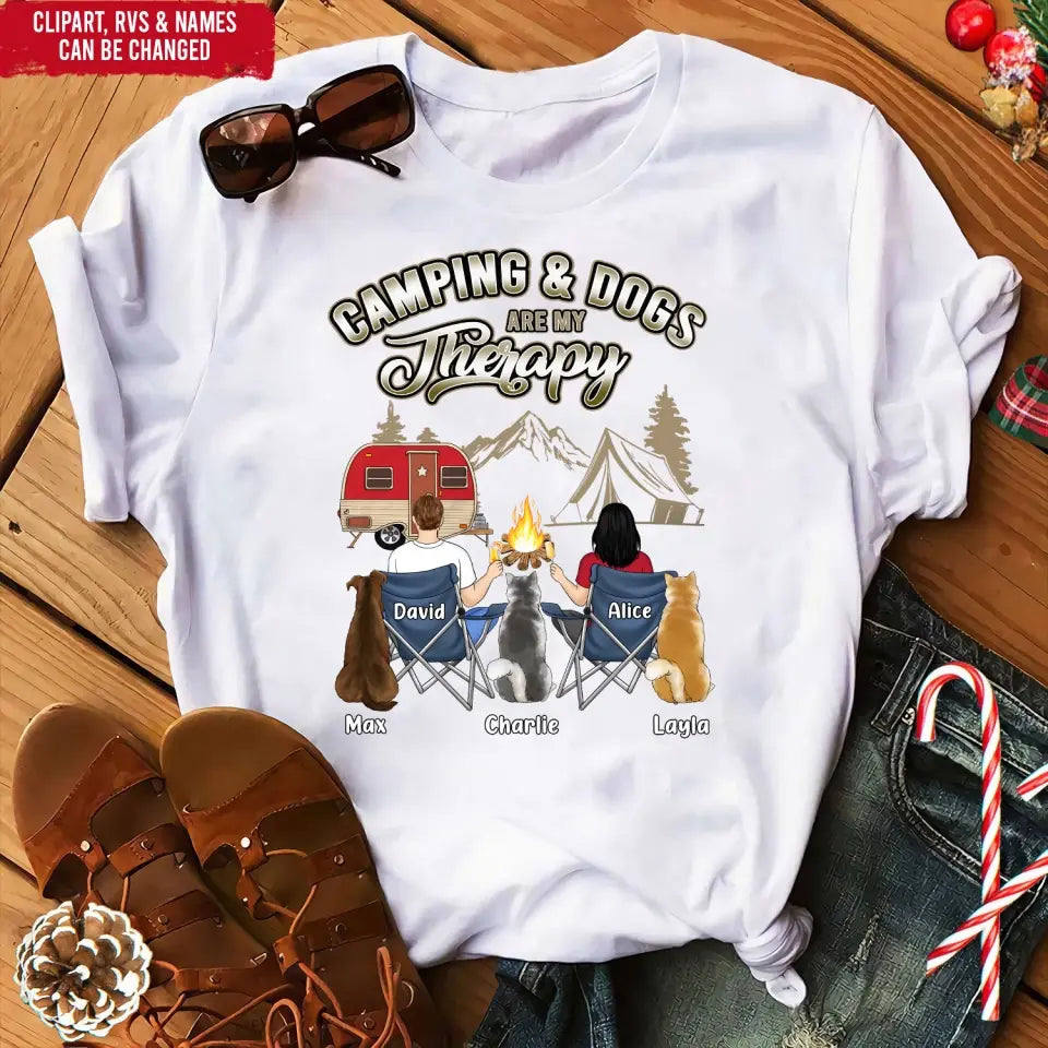 Camping & Dogs Are My Therapy - Personalized T-Shirt, T-Shirt For Camping Lover - TS1040