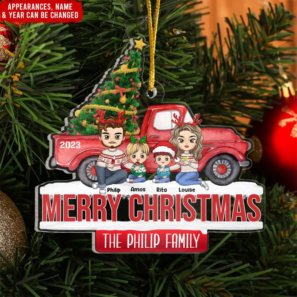 Red Christmas Truck Family - Personalized Acrylic Ornament, Ornament Gift For Family - ORN325