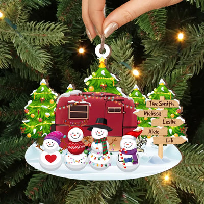 Snowman Family Christmas Camping - Personalized Wooden Ornament, Ornament Gift For Camping Lover - ORN332