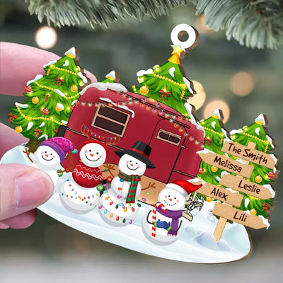 Snowman Family Christmas Camping - Personalized Wooden Ornament, Ornament Gift For Camping Lover - ORN332