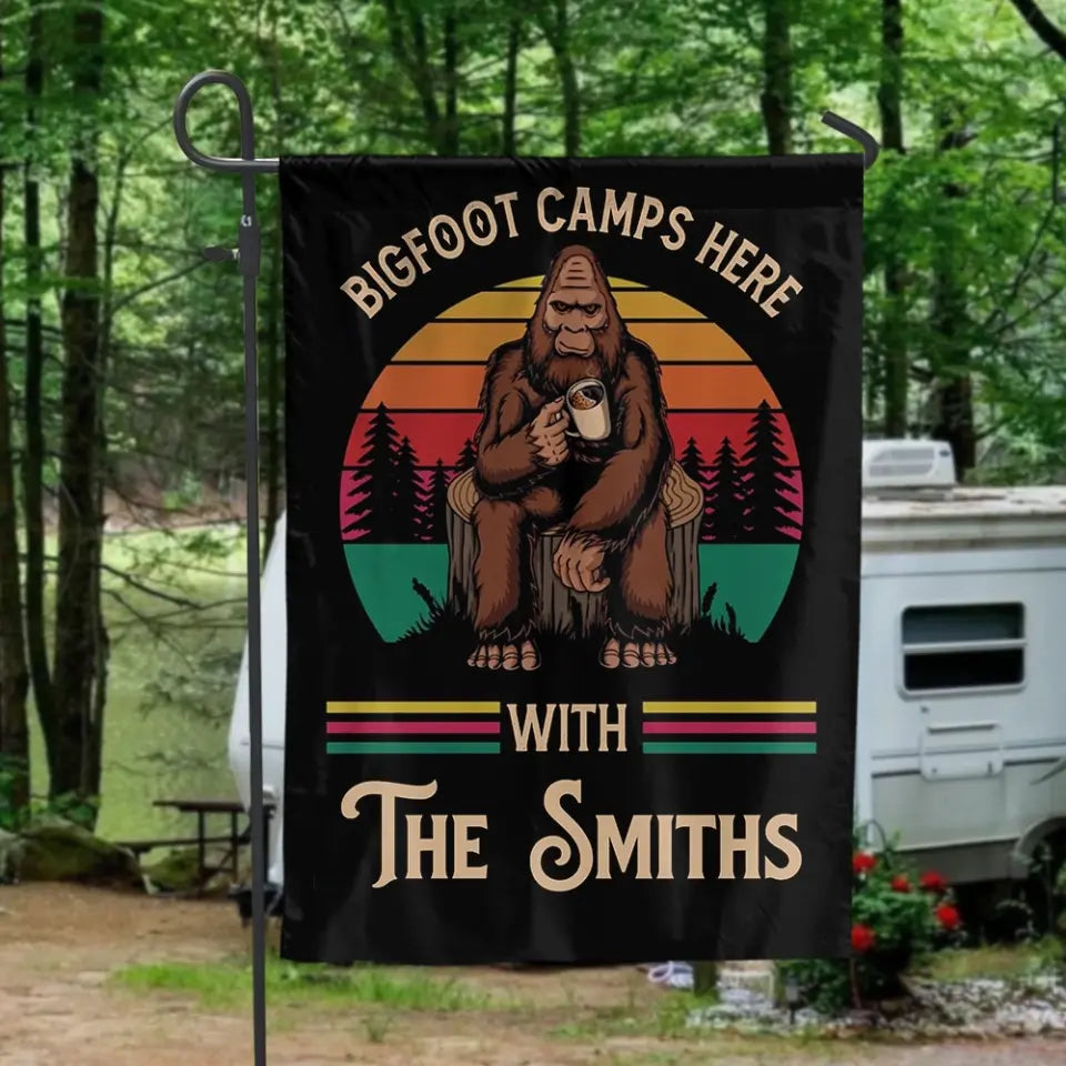 Bigfoot Camps Here With The Family - Personalized Flag, Gift For Camper, Camping Decoration - GF148