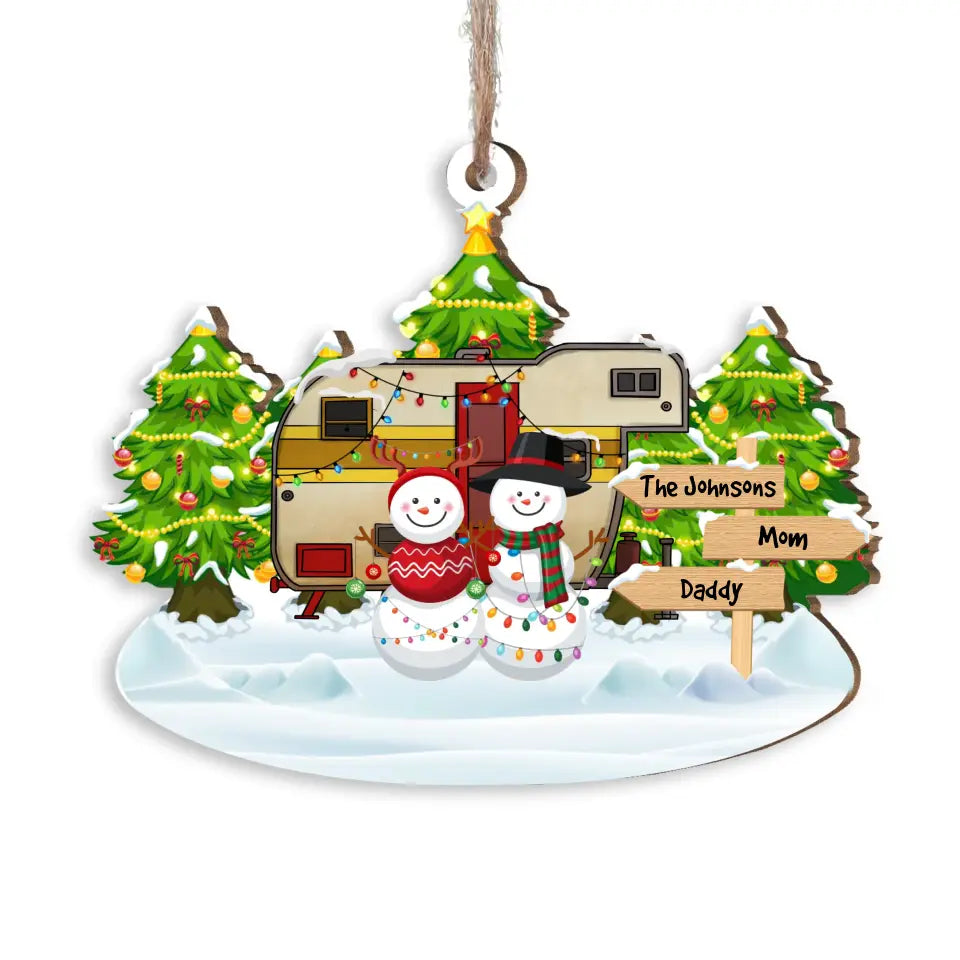 Snowman Family Christmas Camping - Personalized Wooden Ornament, Ornament Gift For Camping Lover - ORN332
