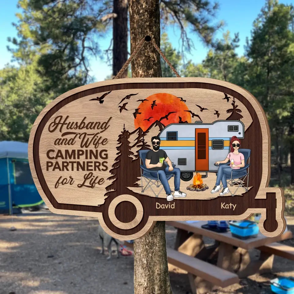 Husband And Wife Camping Partners For Life - Personalized Wooden Sign, Gift For Camping Lover - DS717