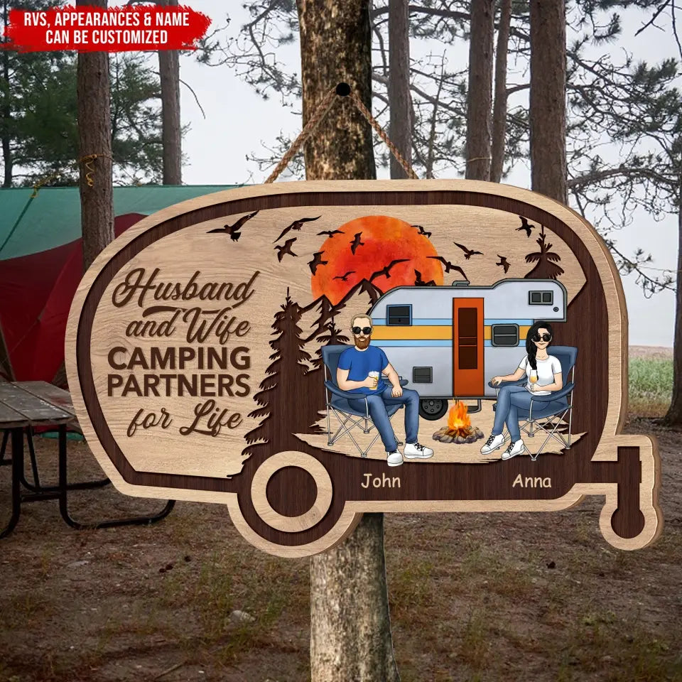 Husband And Wife Camping Partners For Life - Personalized Wooden Sign, Gift For Camping Lover - DS717