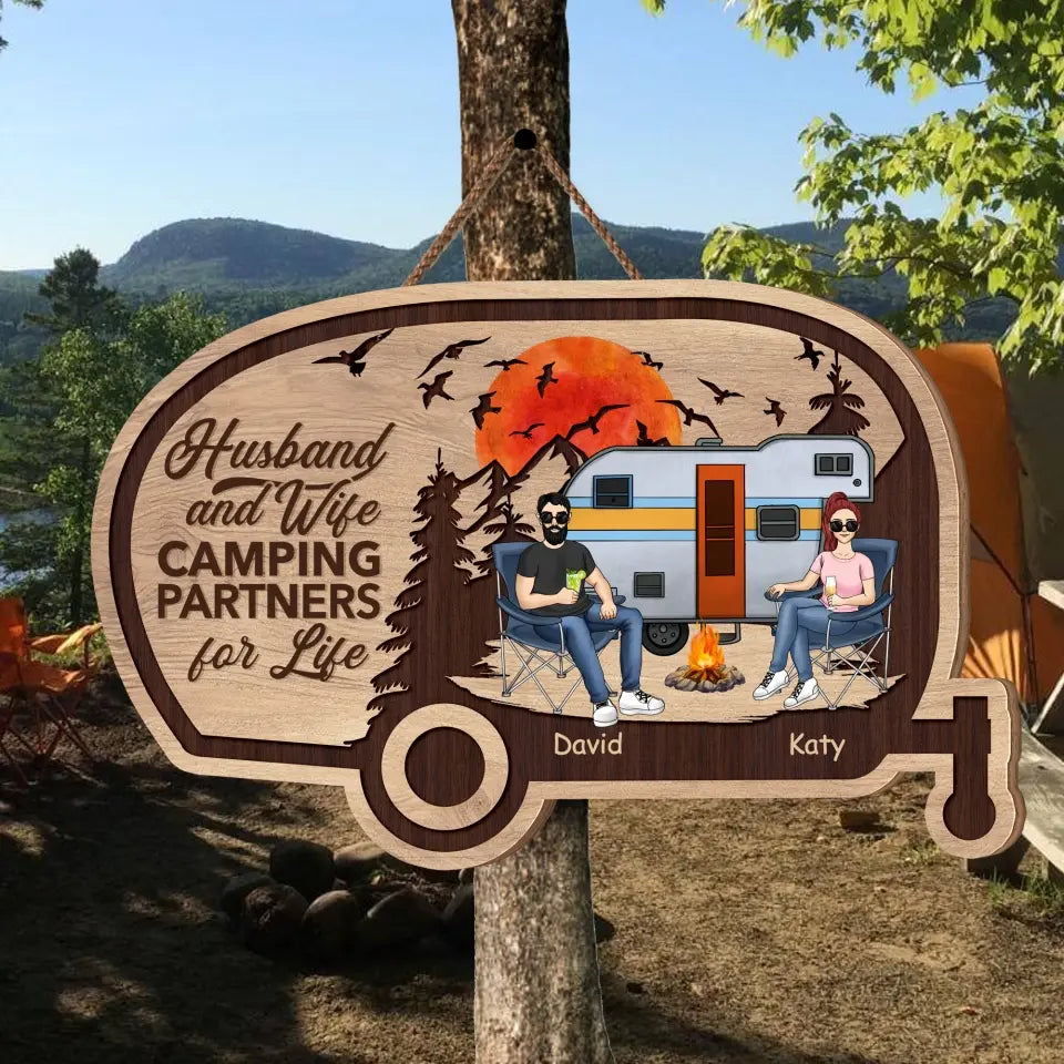 Husband And Wife Camping Partners For Life - Personalized Wooden Sign, Gift For Camping Lover - DS717