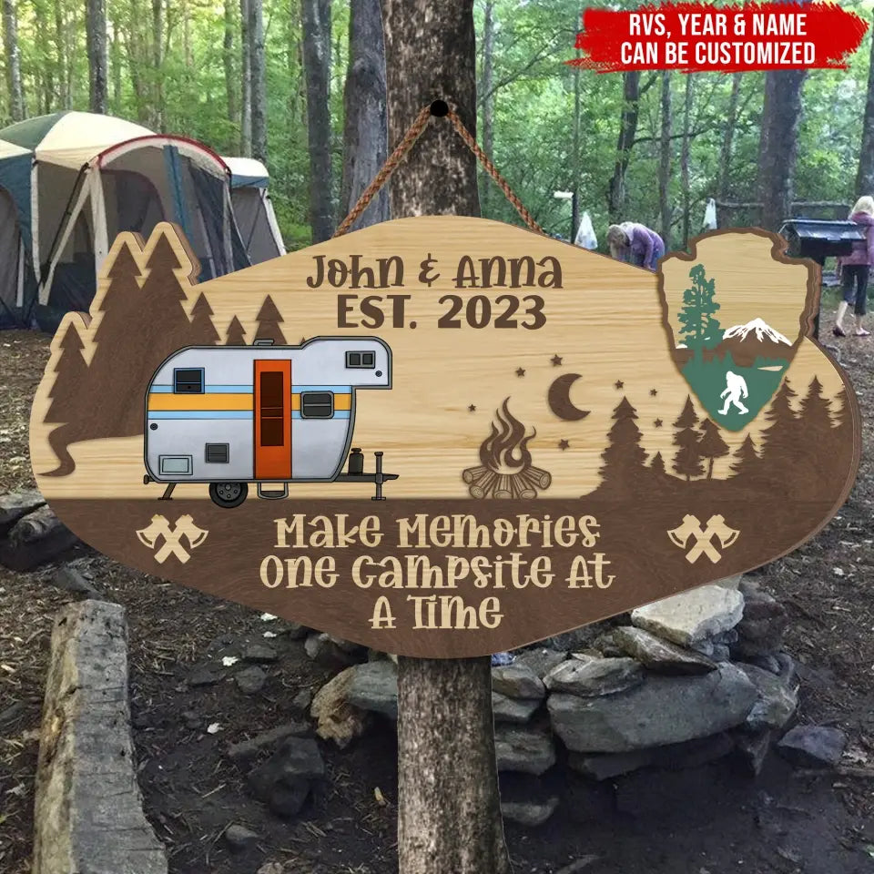 Camping Family Sign, Make Memories One Campsite At A Time - Personalized Wooden Sign - DS719