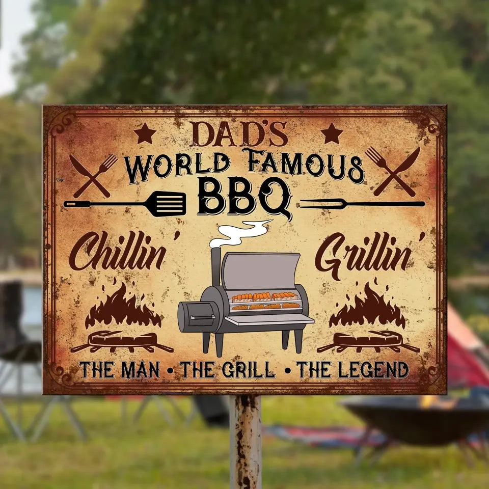 World Famous BBQ Chillin’ Grillin’ - Personalized Metal Sign, Metal Sign Gift For Family - MTS744