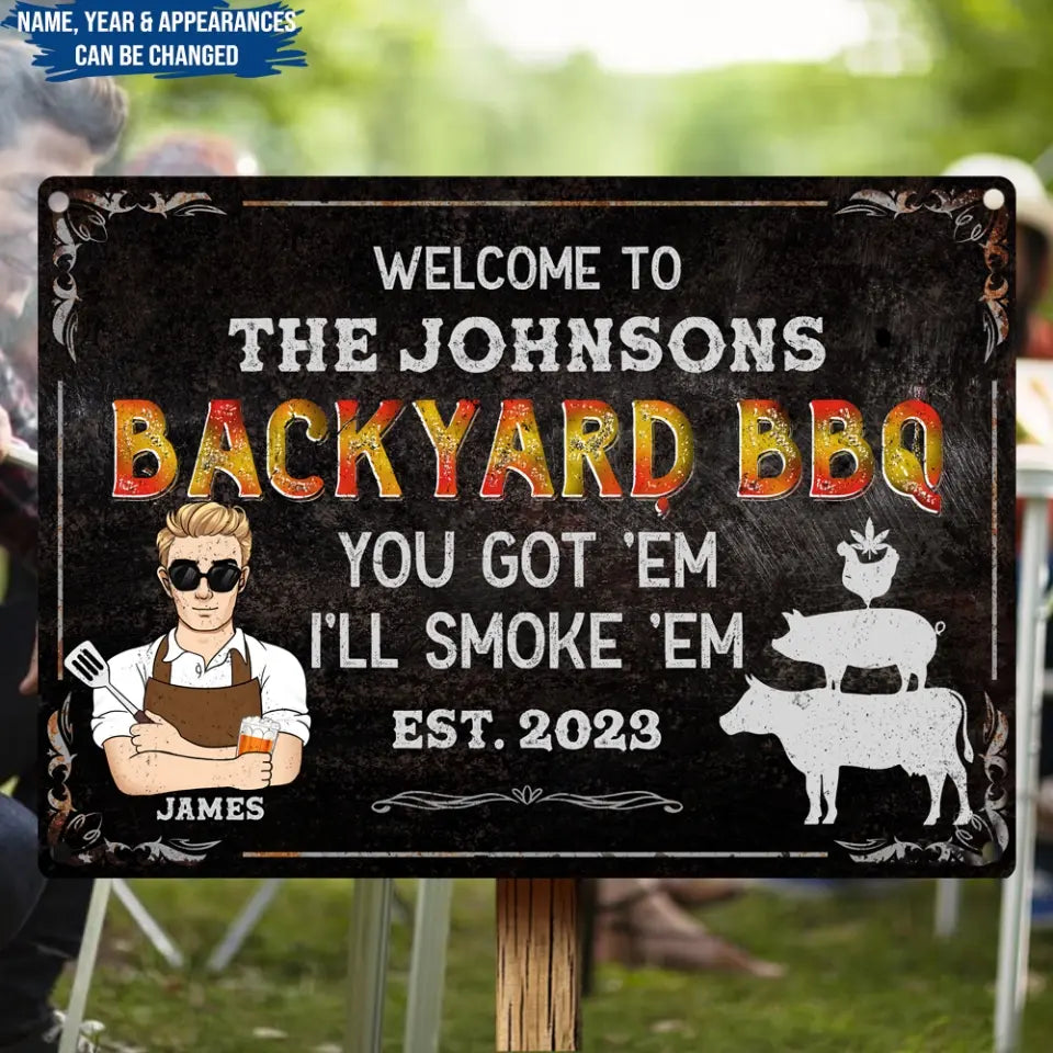 Welcome To Backyard BBQ - Personalized Metal Sign, Smokehouse Backyard Decor, Outdoor Decorating Gift for Family - MTS747