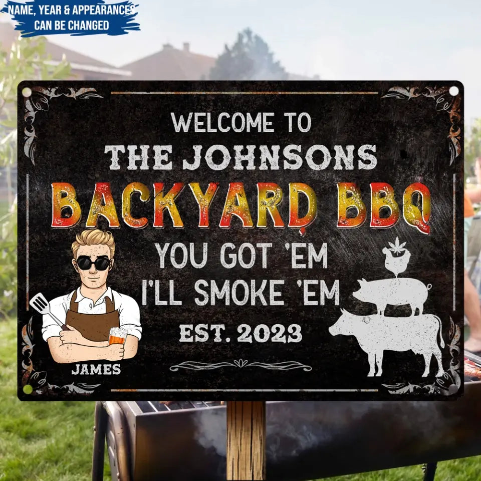Welcome To Backyard BBQ - Personalized Metal Sign, Smokehouse Backyard Decor, Outdoor Decorating Gift for Family - MTS747