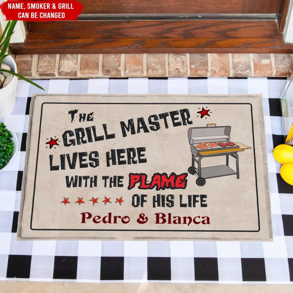 The Grill Master Lives Here With The Flame Of His Life - Personalized Doormat - DM262