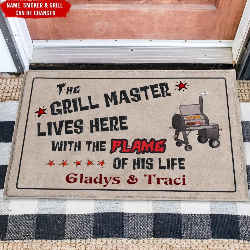 The Grill Master Lives Here With The Flame Of His Life - Personalized Doormat - DM262
