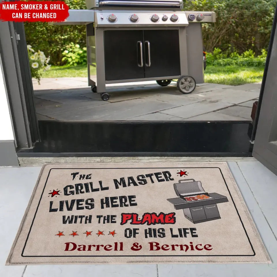 The Grill Master Lives Here With The Flame Of His Life - Personalized Doormat 