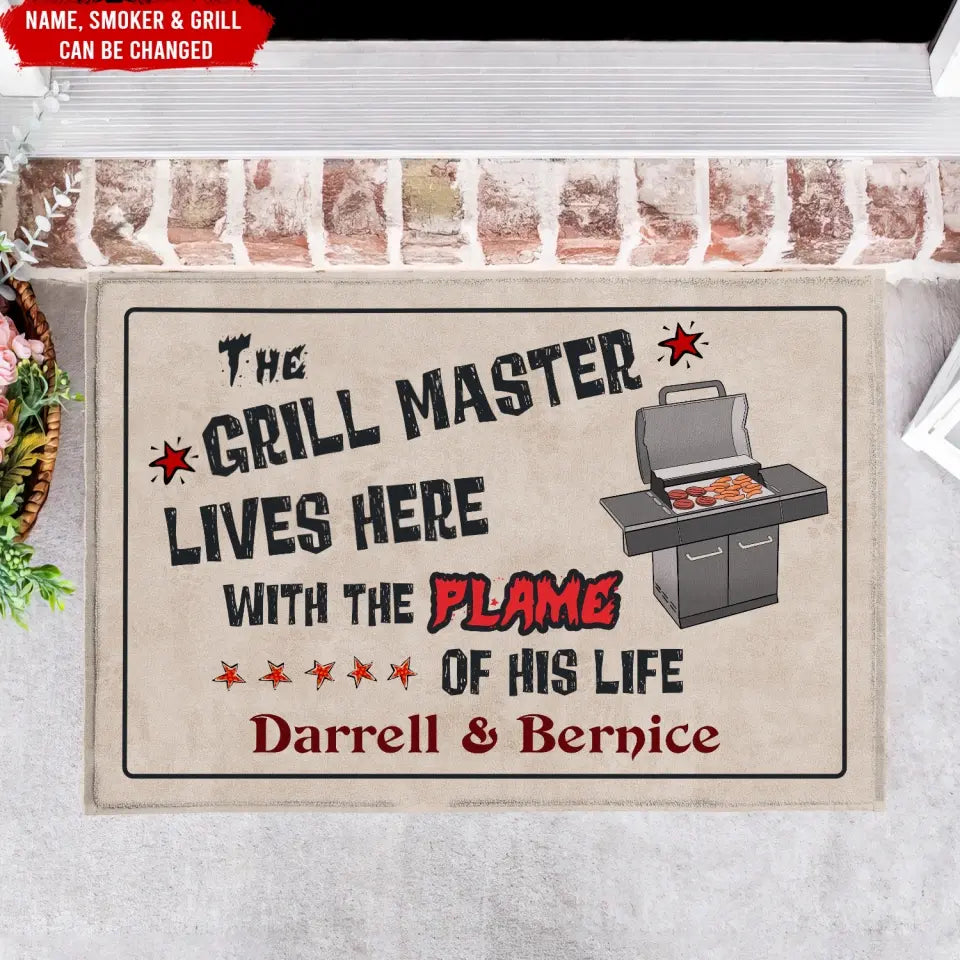 The Grill Master Lives Here With The Flame Of His Life - Personalized Doormat - DM262